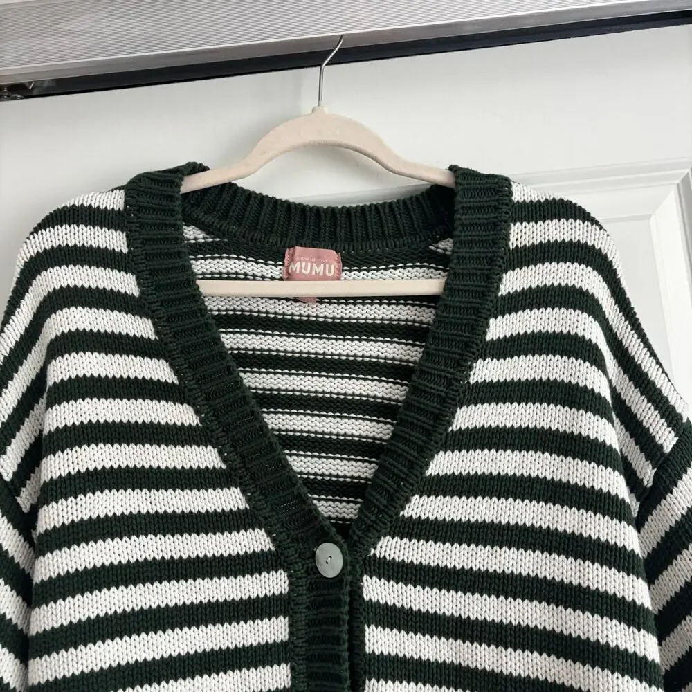 Show‎ Me Your Mumu Good Karma Cardigan Forest Green Striped Balloon Sleeves Sz L